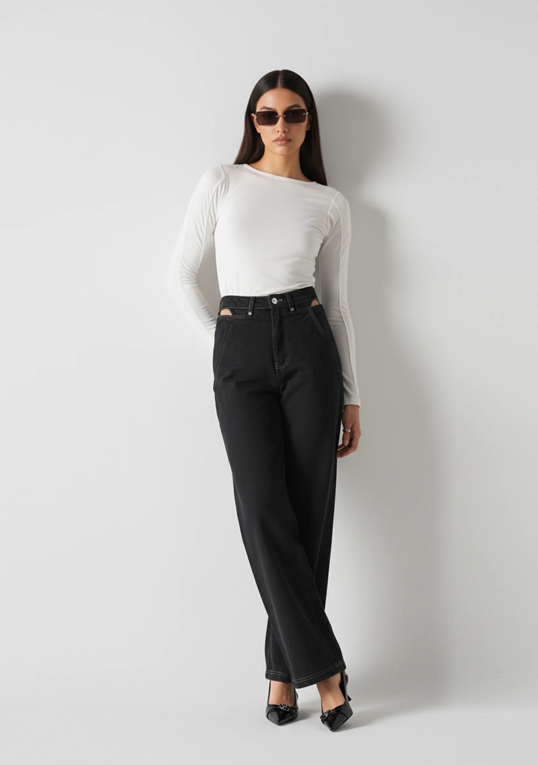 Casual cut out straight leg jeans angled front view