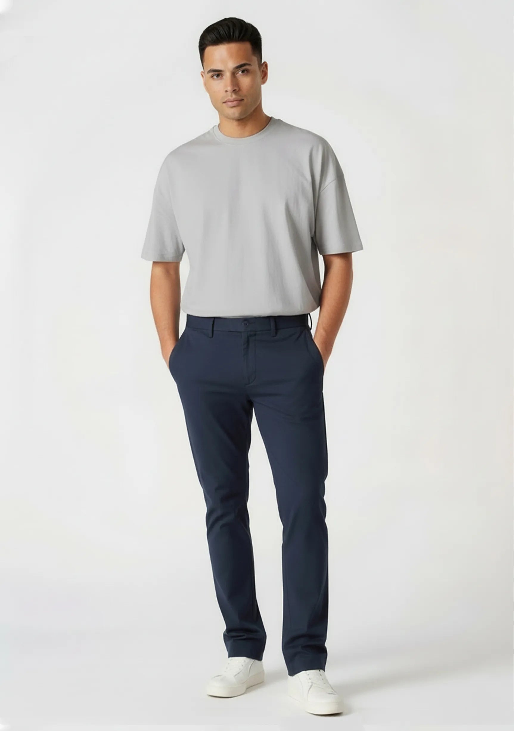 Relaxed casual styling featuring stretch slim fit chino pants blue for men.