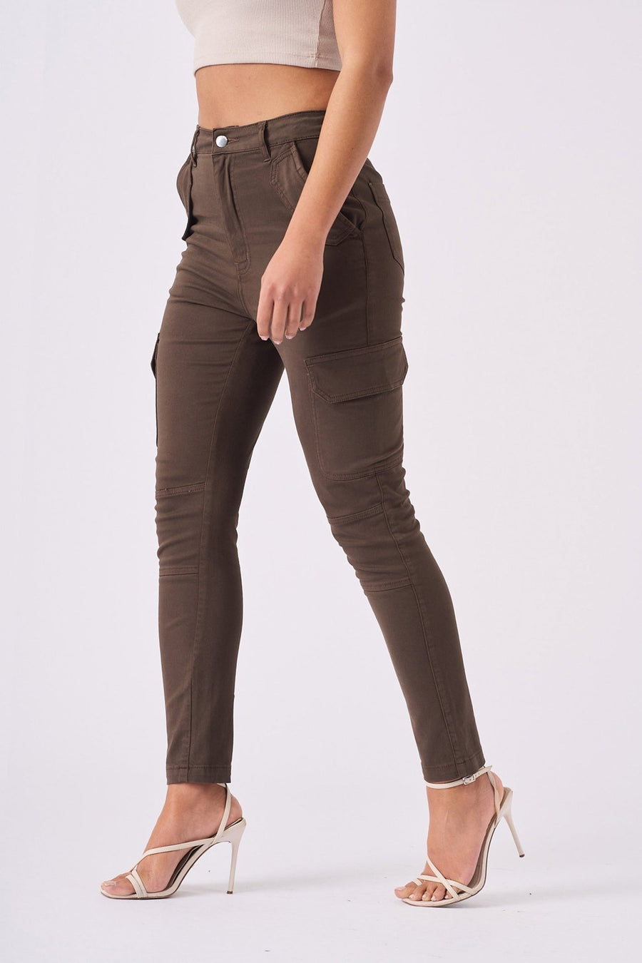 Cierra High Rise Skinny Cargo Jeans - Brown - JMOJO - Women's Skinny Cargo Jeans