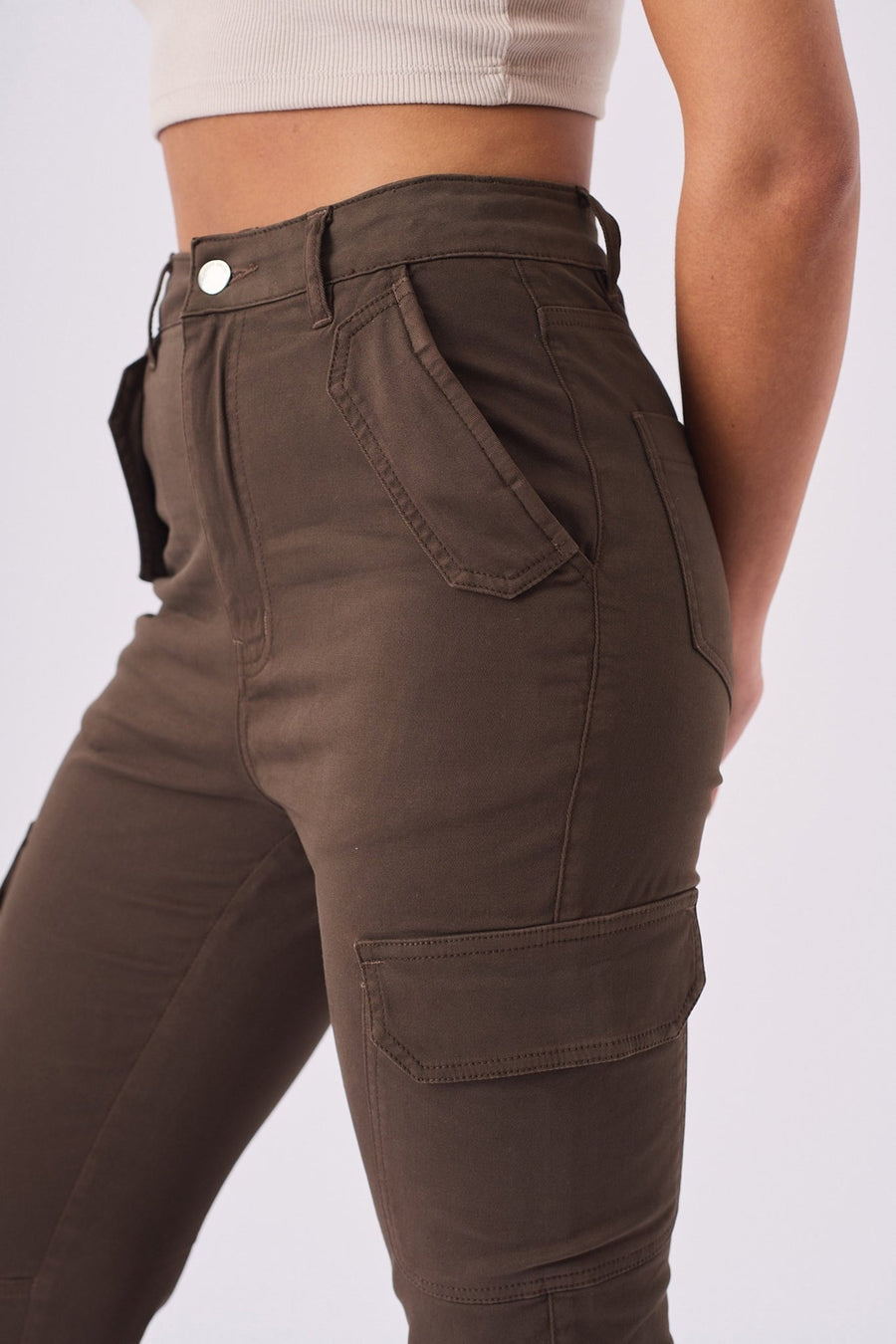 Cierra High Rise Skinny Cargo Jeans - Brown - JMOJO - Women's Skinny Cargo Jeans