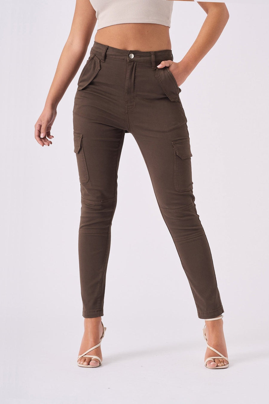 Cierra High Rise Skinny Cargo Jeans - Brown - JMOJO - Women's Skinny Cargo Jeans