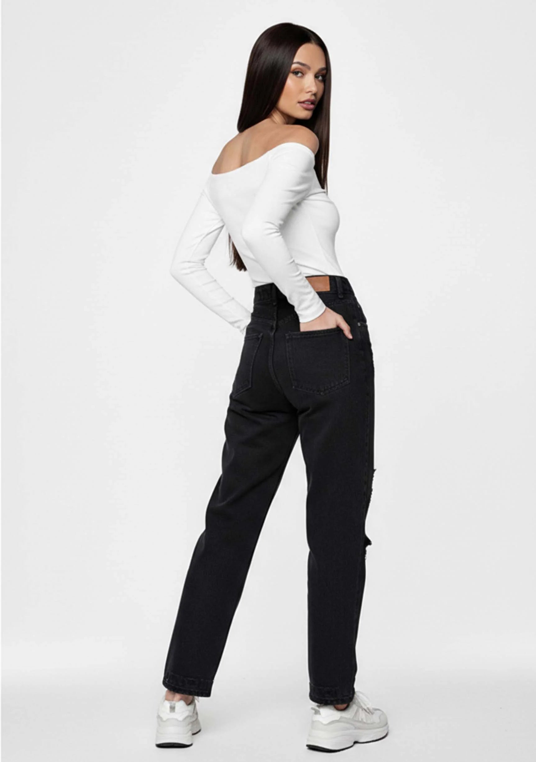 Full back view of Classic Black Wash Straight Jeans Women