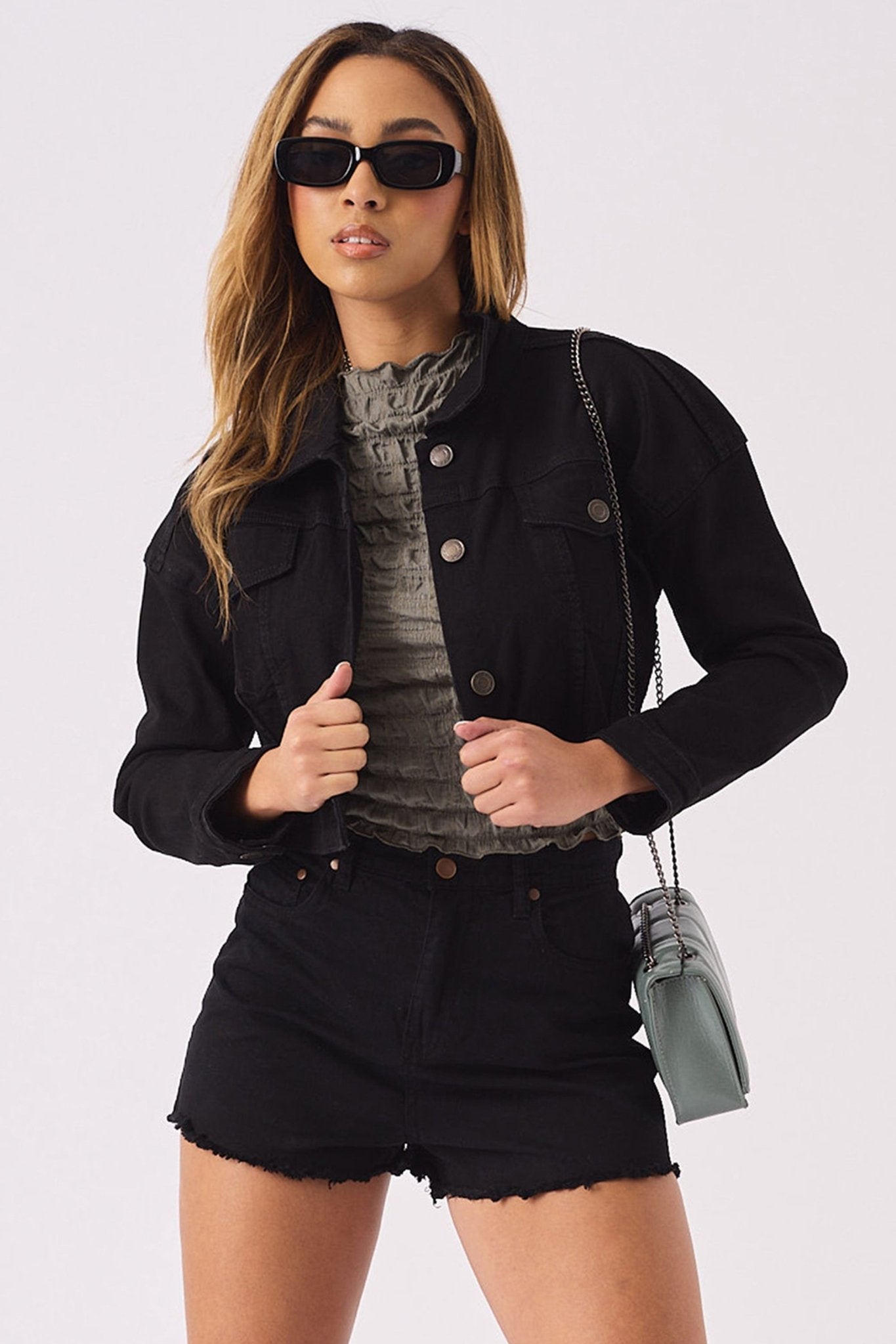 CROPPED DENIM JACKET - BLACK - JMOJO - Women's Cropped Denim Jackets