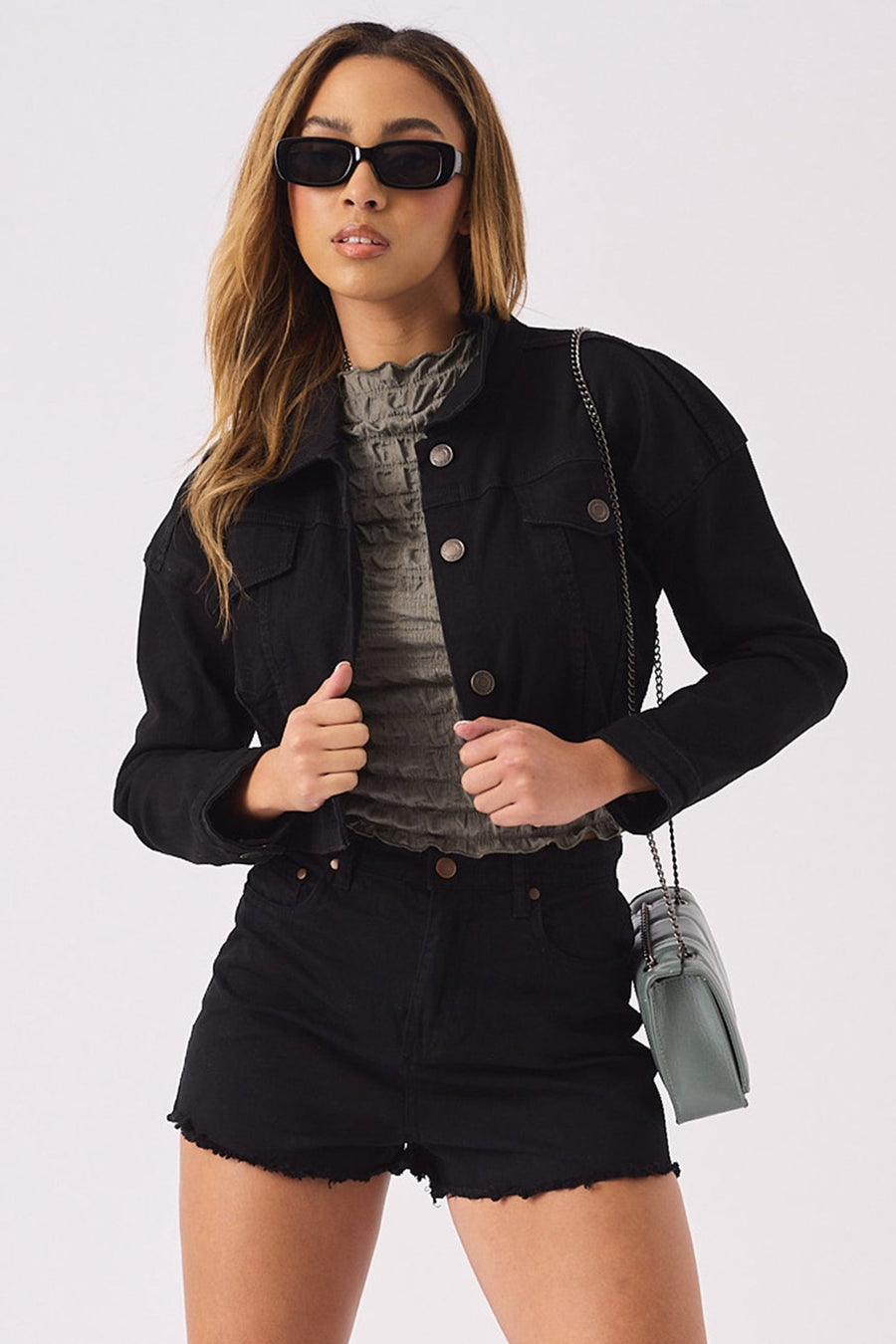 CROPPED DENIM JACKET - BLACK - JMOJO - Women's Cropped Denim Jackets