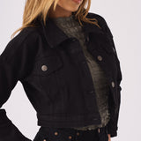 CROPPED DENIM JACKET - BLACK - JMOJO - Women's Cropped Denim Jackets