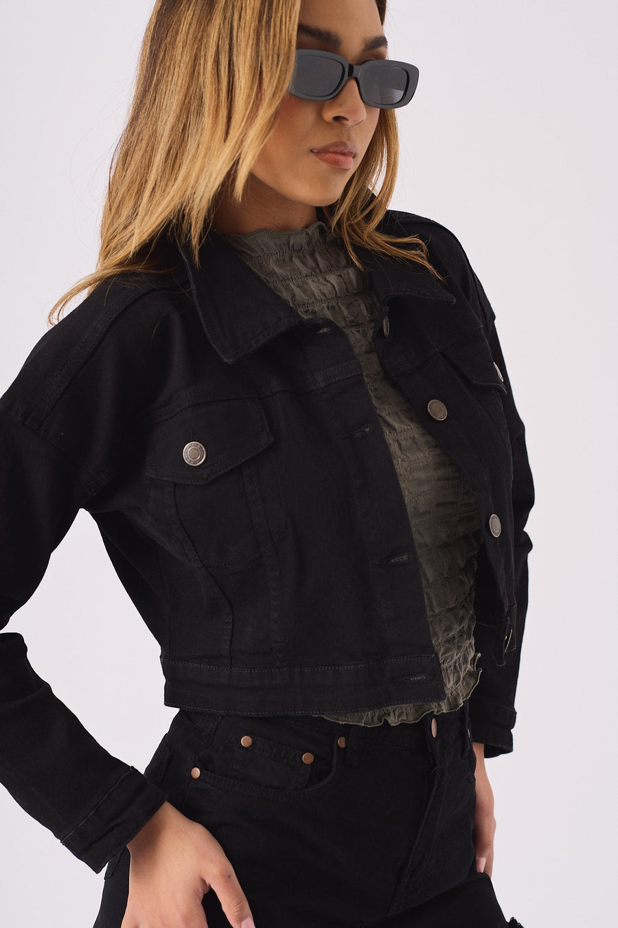 CROPPED DENIM JACKET - BLACK - JMOJO - Women's Cropped Denim Jackets