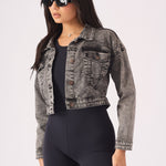 CROPPED DENIM JACKET - BLACK - JMOJO - Women's Cropped Denim Jackets