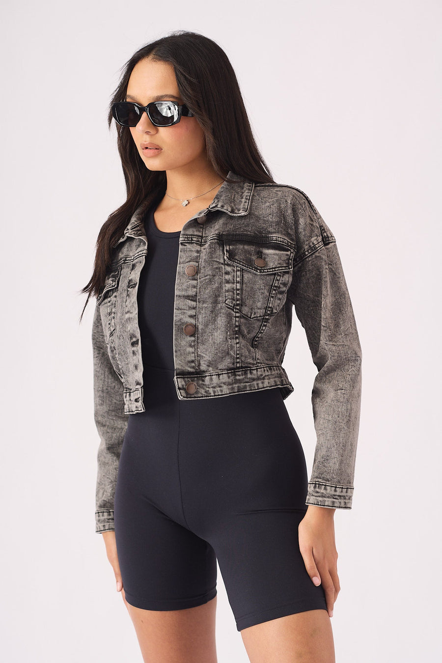 CROPPED DENIM JACKET - BLACK - JMOJO - Women's Cropped Denim Jackets