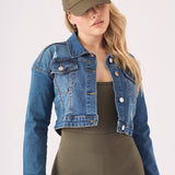 CROPPED DENIM JACKET - MID BLUE - JMOJO - Women's Cropped Denim Jackets
