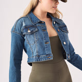 CROPPED DENIM JACKET - MID BLUE - JMOJO - Women's Cropped Denim Jackets