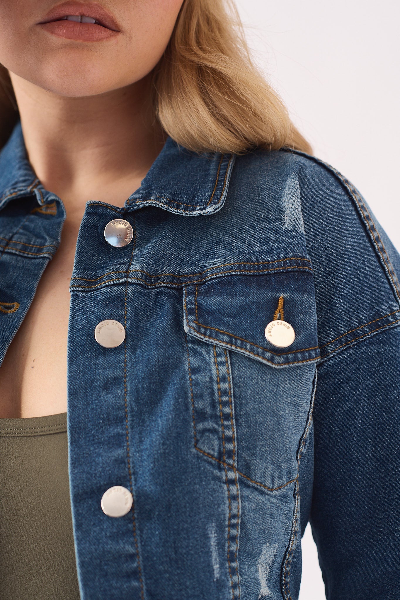 CROPPED DENIM JACKET - MID BLUE - JMOJO - Women's Cropped Denim Jackets
