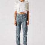 Front view of a model wearing Dark Blue and Grey Speckle Jeans with cargo pockets