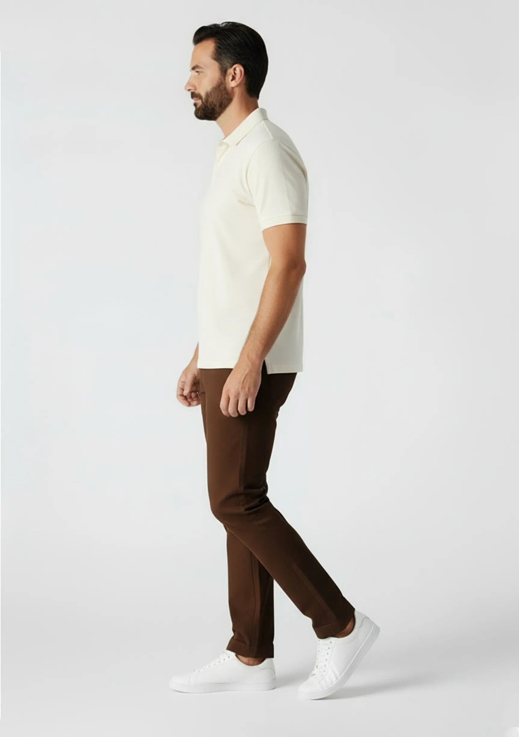Side profile fit of dark brown chino pants for men