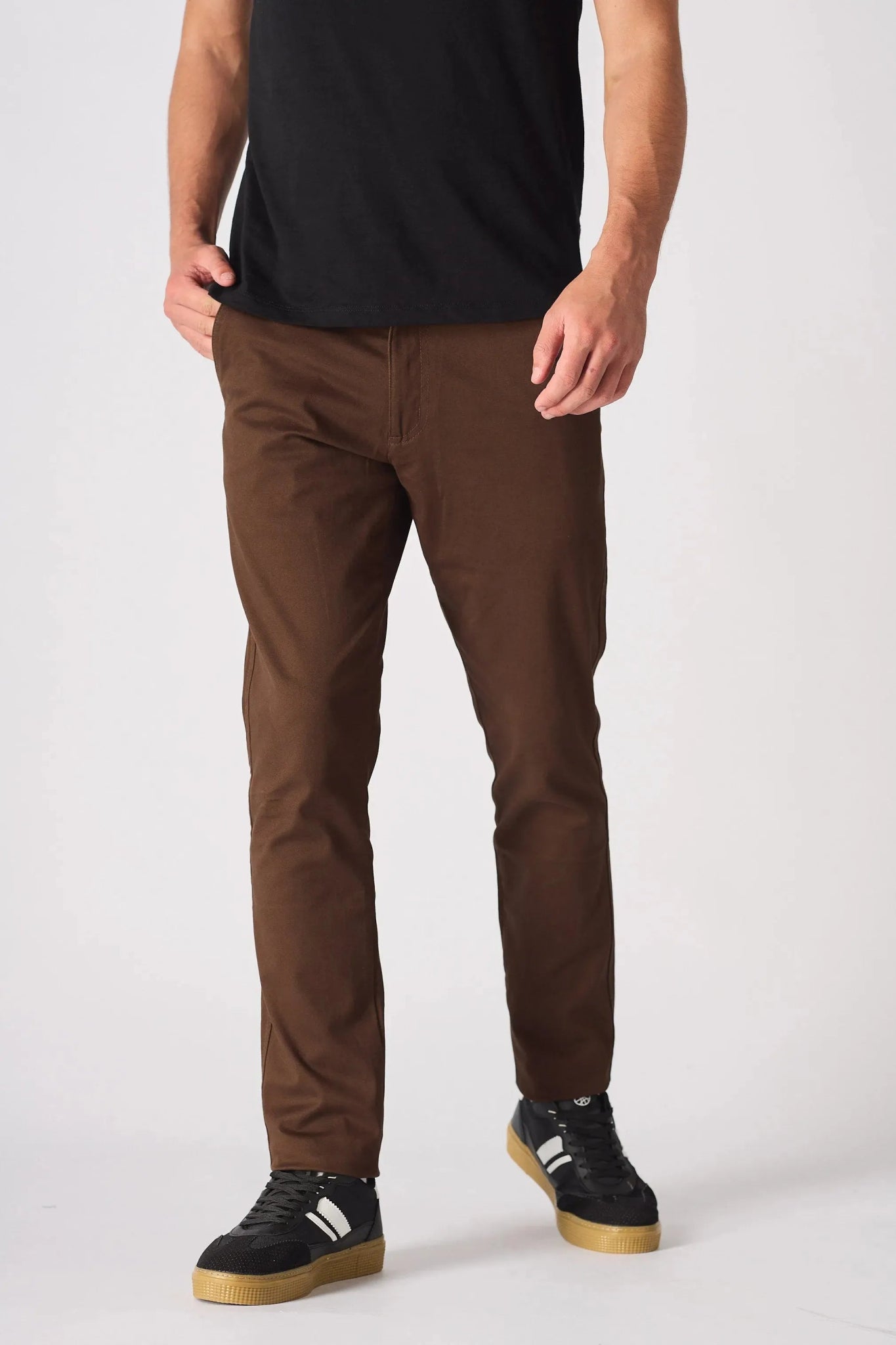Front view of premium dark brown slim fit chinos.