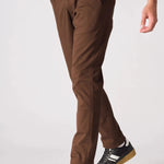 Close up of the tailored leg on dark brown slim fit chinos.