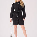 DENIM PUFF SLEEVE DRESS - BLACK - JMOJO - Women's Denim Dresses