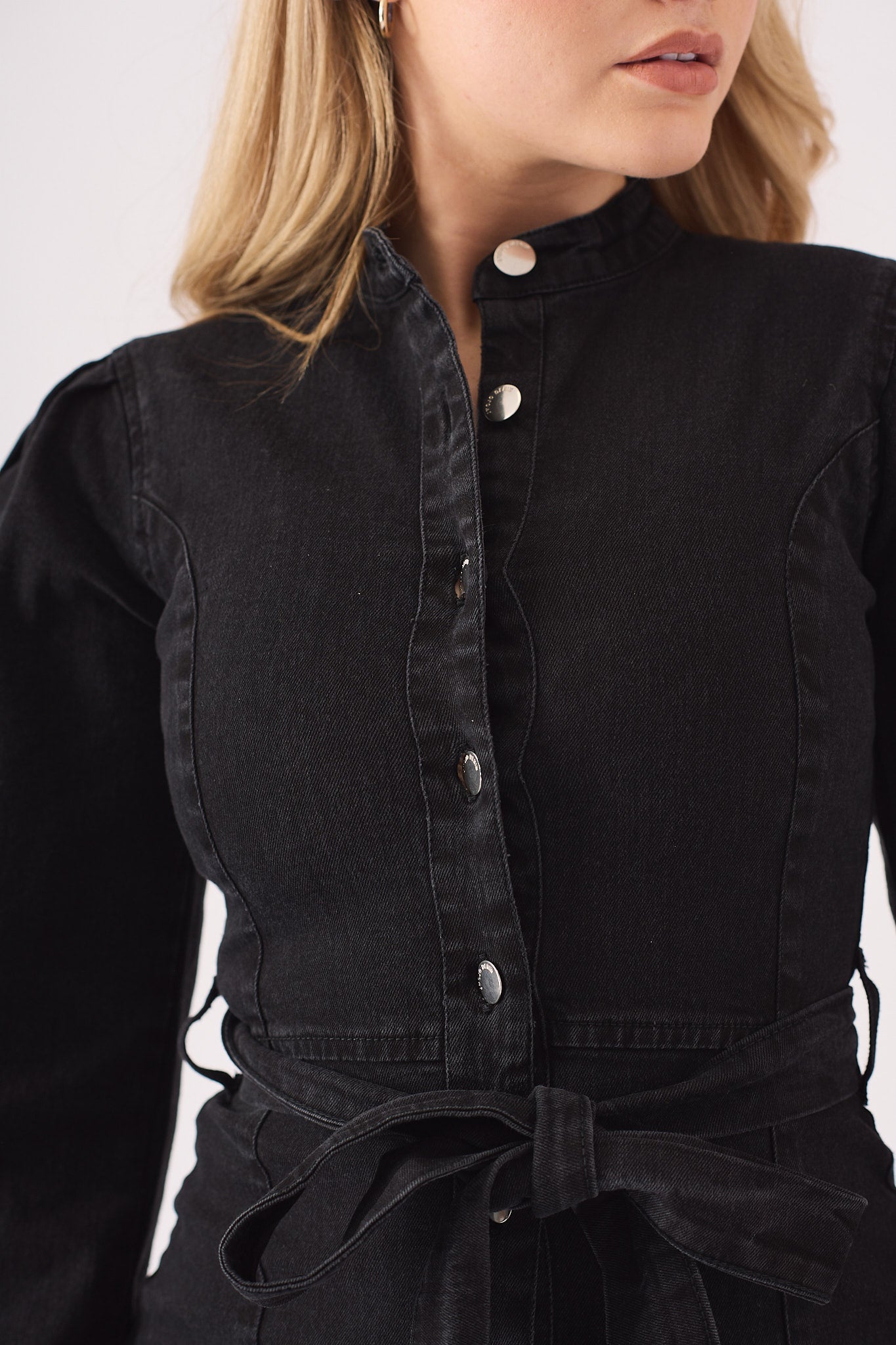 DENIM PUFF SLEEVE DRESS - BLACK - JMOJO - Women's Denim Dresses