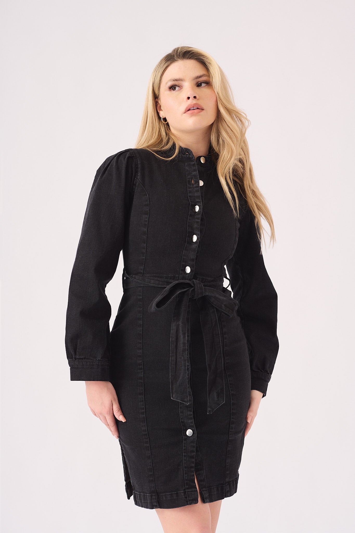 DENIM PUFF SLEEVE DRESS - BLACK - JMOJO - Women's Denim Dresses