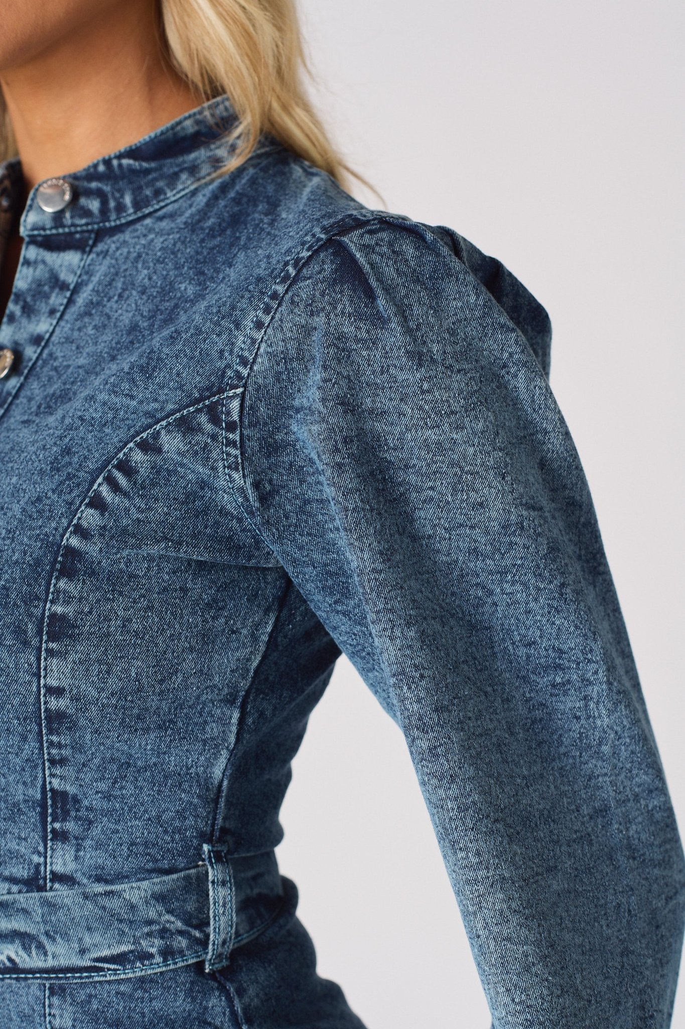 DENIM PUFF SLEEVE DRESS - BLUE - JMOJO - Women's Denim Dresses