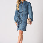 DENIM PUFF SLEEVE DRESS - BLUE - JMOJO - Women's Denim Dresses