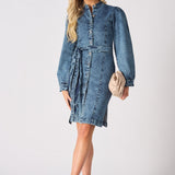 DENIM PUFF SLEEVE DRESS - BLUE - JMOJO - Women's Denim Dresses