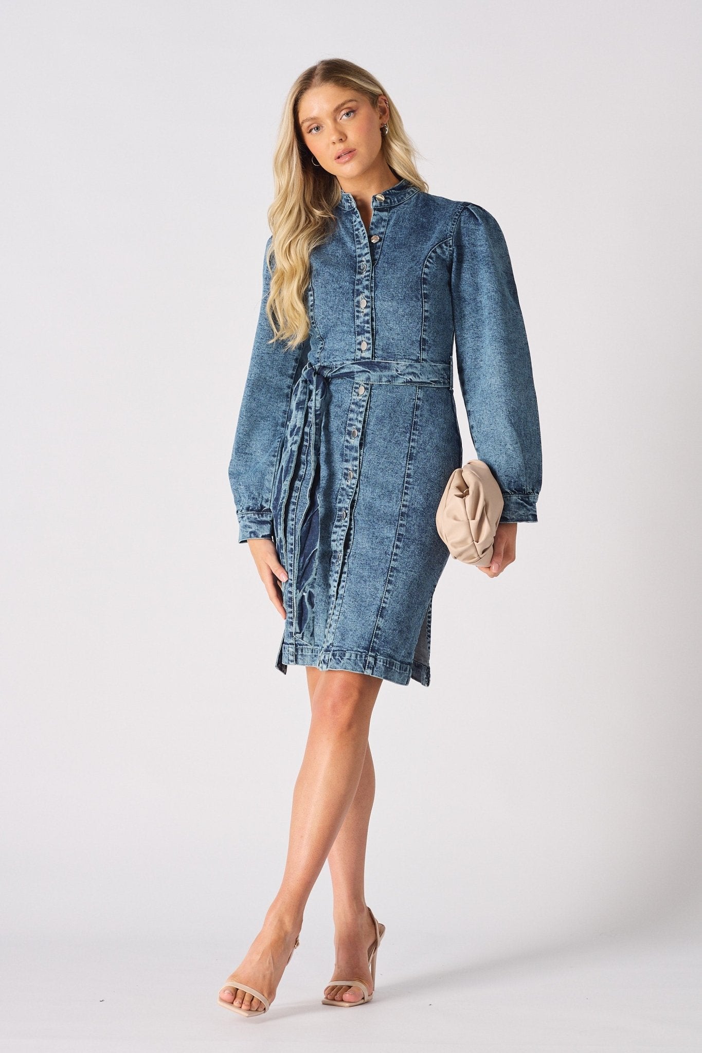 DENIM PUFF SLEEVE DRESS - BLUE - JMOJO - Women's Denim Dresses