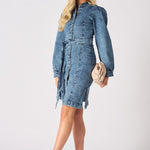 DENIM PUFF SLEEVE DRESS - BLUE - JMOJO - Women's Denim Dresses
