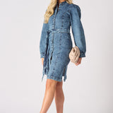 DENIM PUFF SLEEVE DRESS - BLUE - JMOJO - Women's Denim Dresses