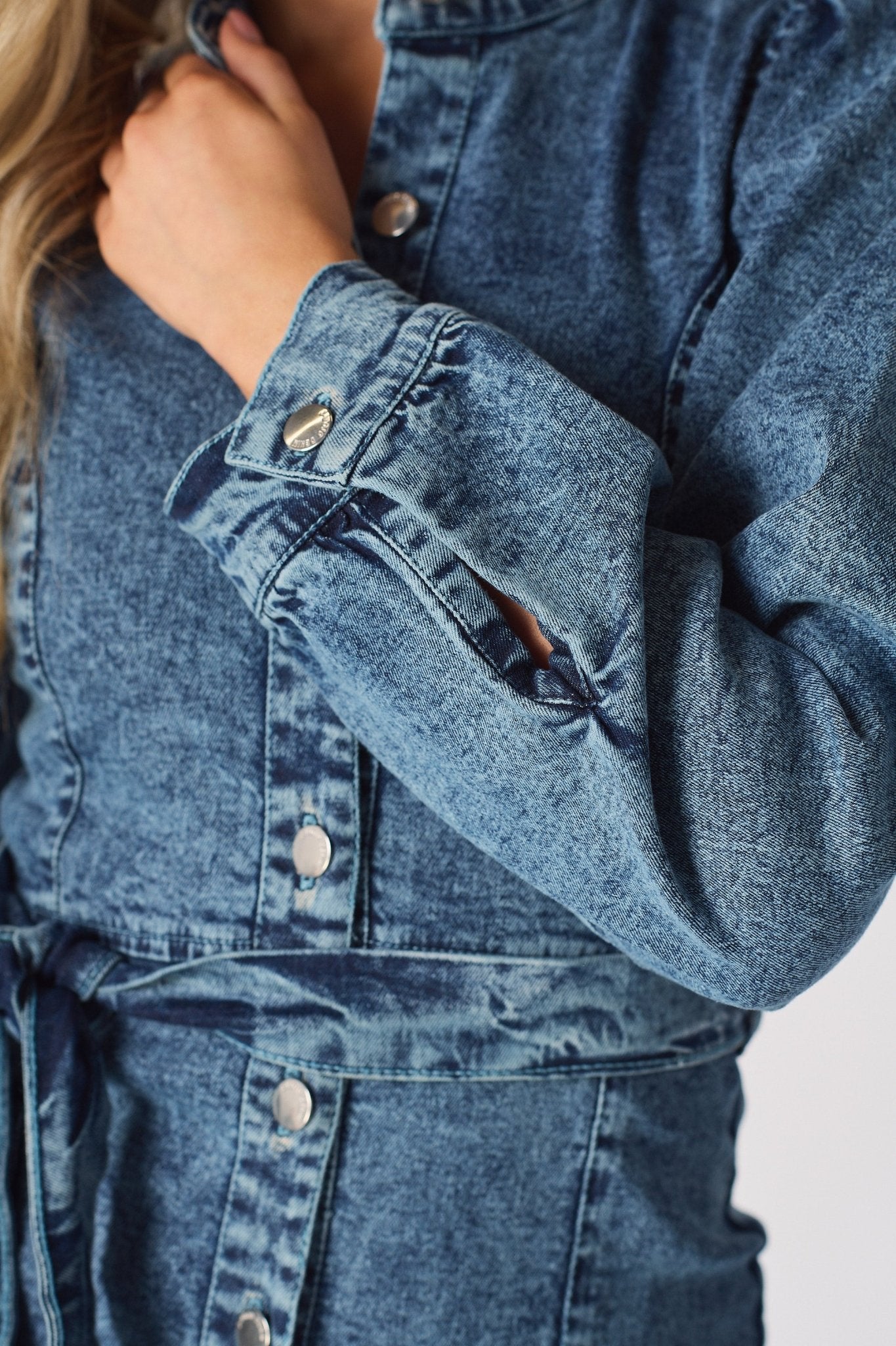 DENIM PUFF SLEEVE DRESS - BLUE - JMOJO - Women's Denim Dresses