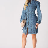 DENIM PUFF SLEEVE DRESS - BLUE - JMOJO - Women's Denim Dresses