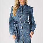DENIM PUFF SLEEVE DRESS - BLUE - JMOJO - Women's Denim Dresses