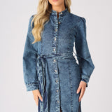 DENIM PUFF SLEEVE DRESS - BLUE - JMOJO - Women's Denim Dresses