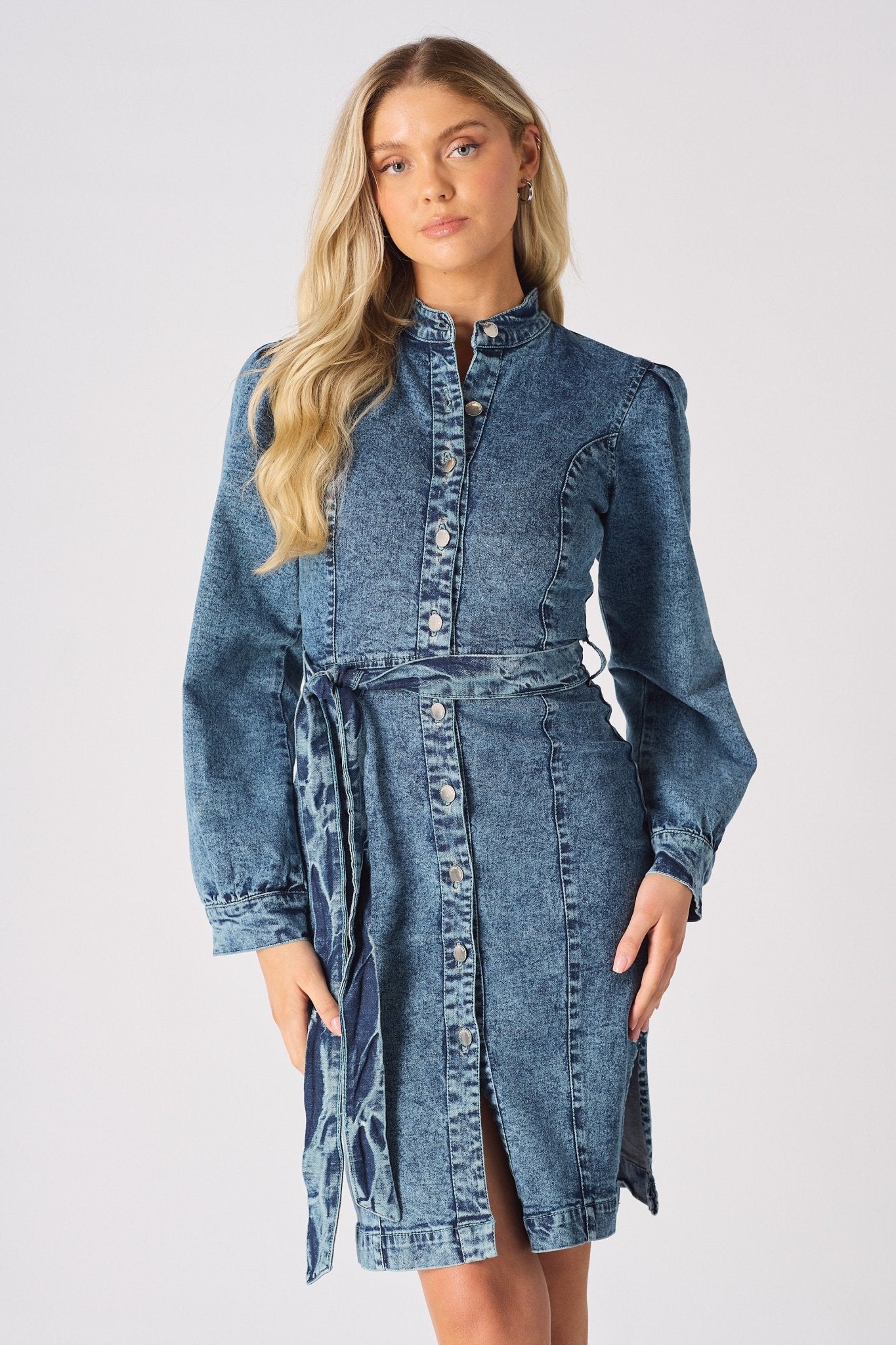 DENIM PUFF SLEEVE DRESS - BLUE - JMOJO - Women's Denim Dresses