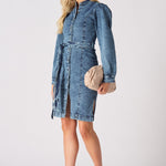 DENIM PUFF SLEEVE DRESS - BLUE - JMOJO - Women's Denim Dresses