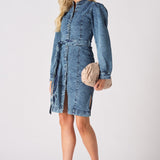 DENIM PUFF SLEEVE DRESS - BLUE - JMOJO - Women's Denim Dresses