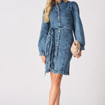 DENIM PUFF SLEEVE DRESS - BLUE - JMOJO - Women's Denim Dresses