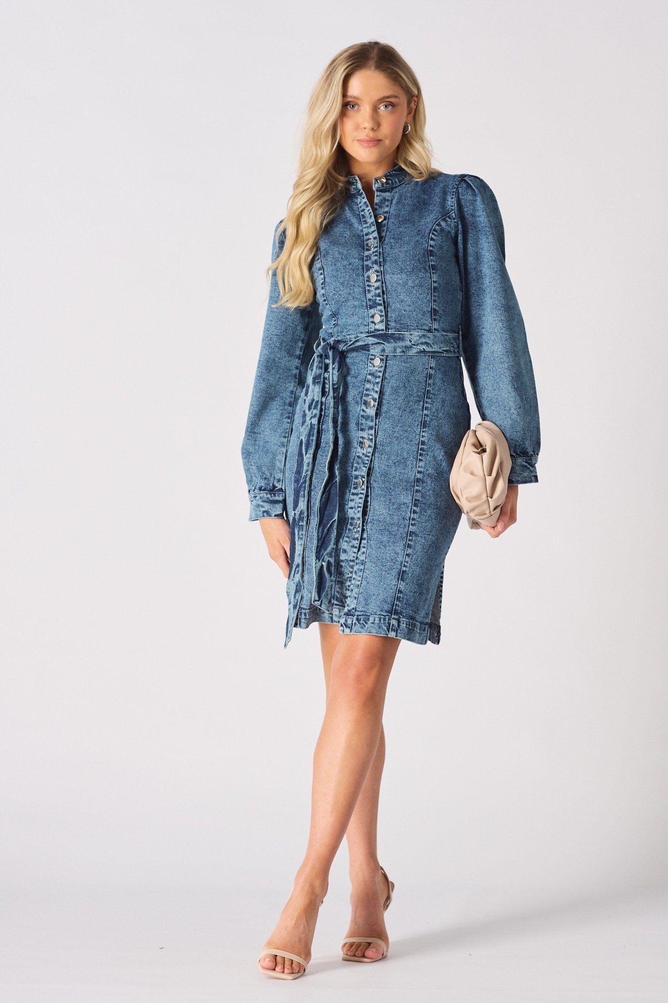 DENIM PUFF SLEEVE DRESS - BLUE - JMOJO - Women's Denim Dresses