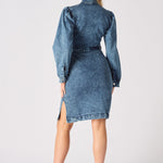 DENIM PUFF SLEEVE DRESS - BLUE - JMOJO - Women's Denim Dresses