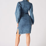 DENIM PUFF SLEEVE DRESS - BLUE - JMOJO - Women's Denim Dresses