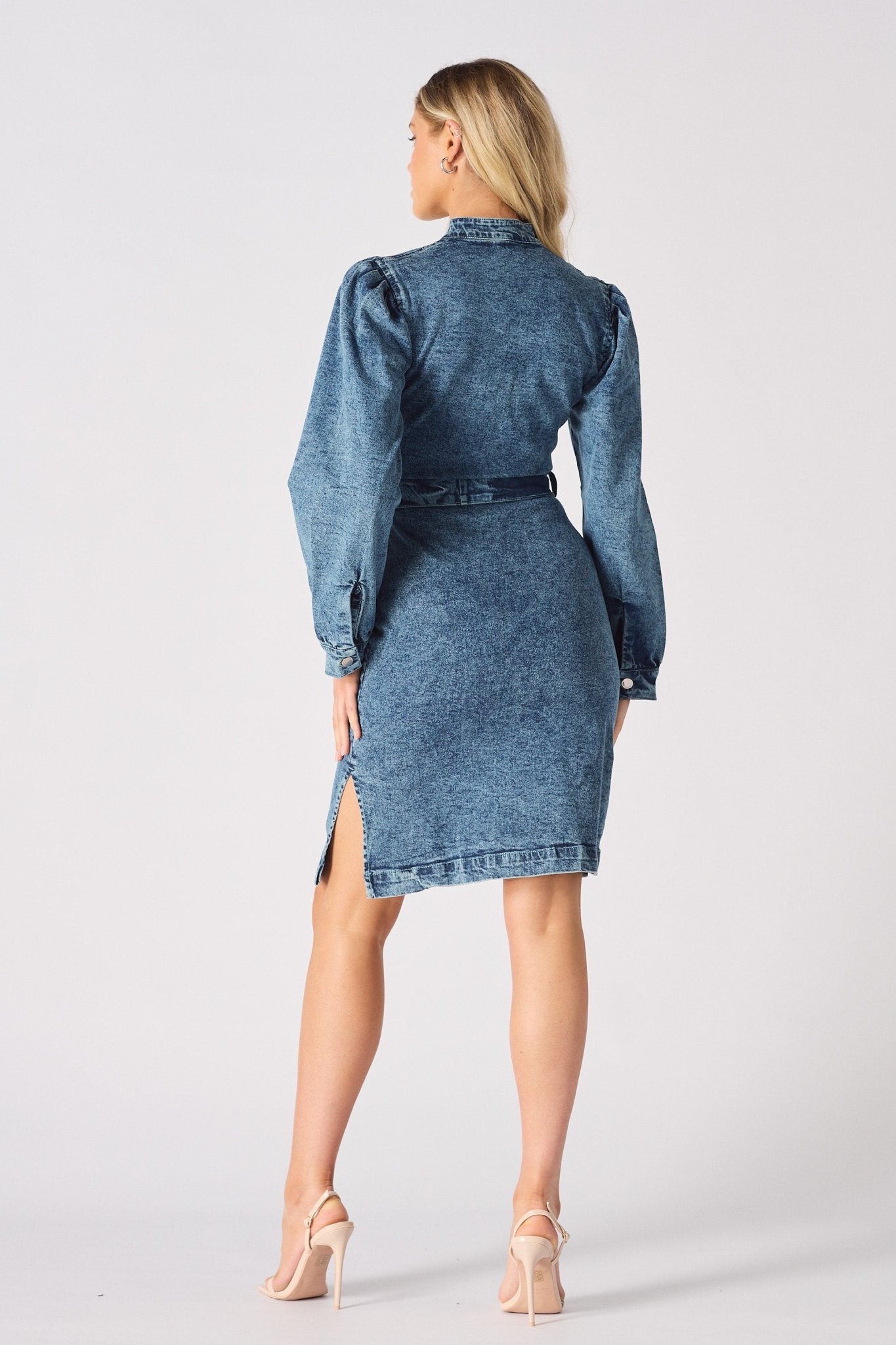 DENIM PUFF SLEEVE DRESS - BLUE - JMOJO - Women's Denim Dresses