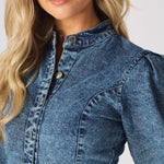 DENIM PUFF SLEEVE DRESS - BLUE - JMOJO - Women's Denim Dresses