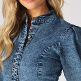 DENIM PUFF SLEEVE DRESS - BLUE - JMOJO - Women's Denim Dresses