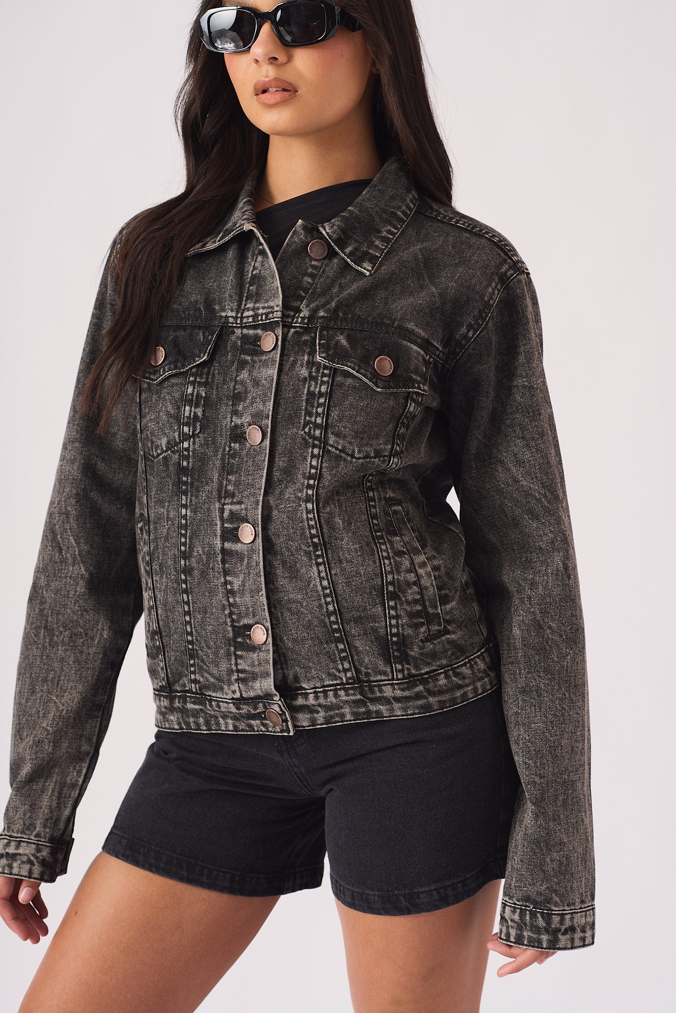 DENIM TRUCKER JACKET - BLACK - JMOJO - Women's Denim Jackets