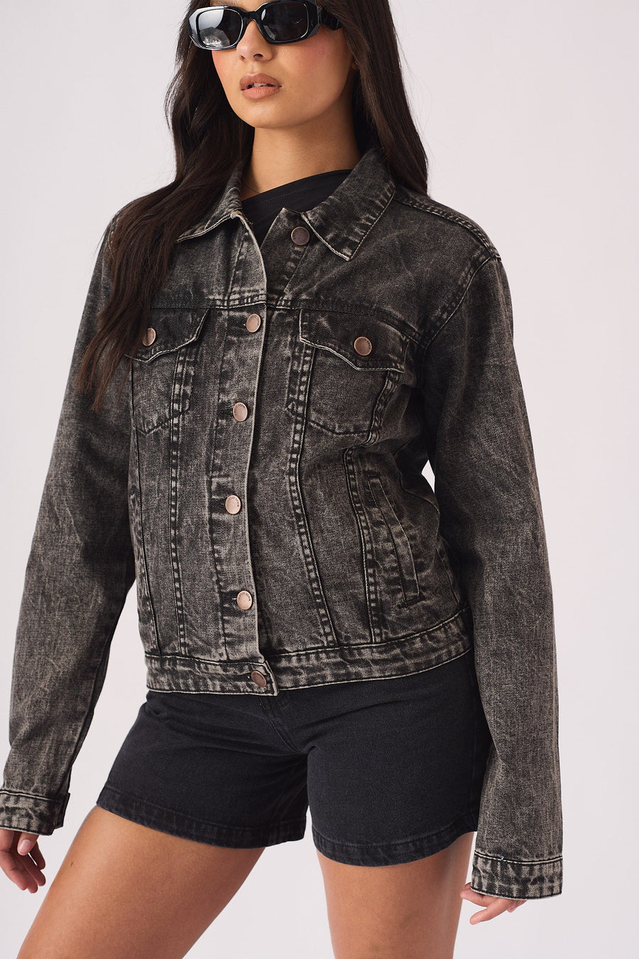 DENIM TRUCKER JACKET - BLACK - JMOJO - Women's Denim Jackets