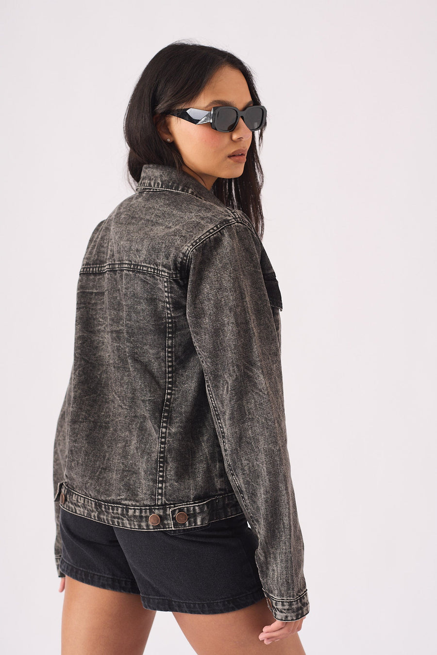 DENIM TRUCKER JACKET - BLACK - JMOJO - Women's Denim Jackets