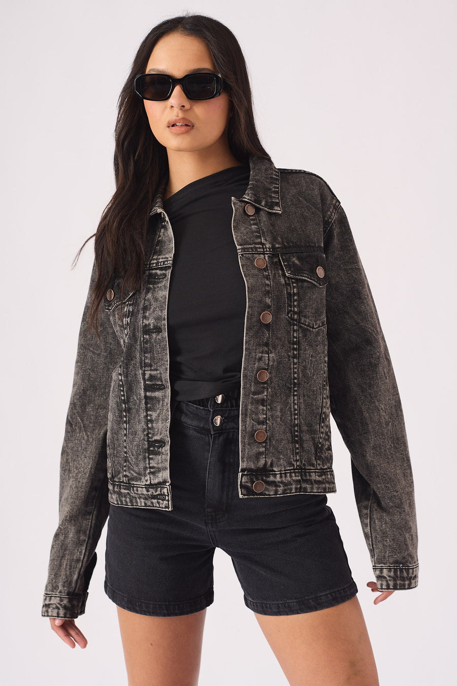 DENIM TRUCKER JACKET - BLACK - JMOJO - Women's Denim Jackets