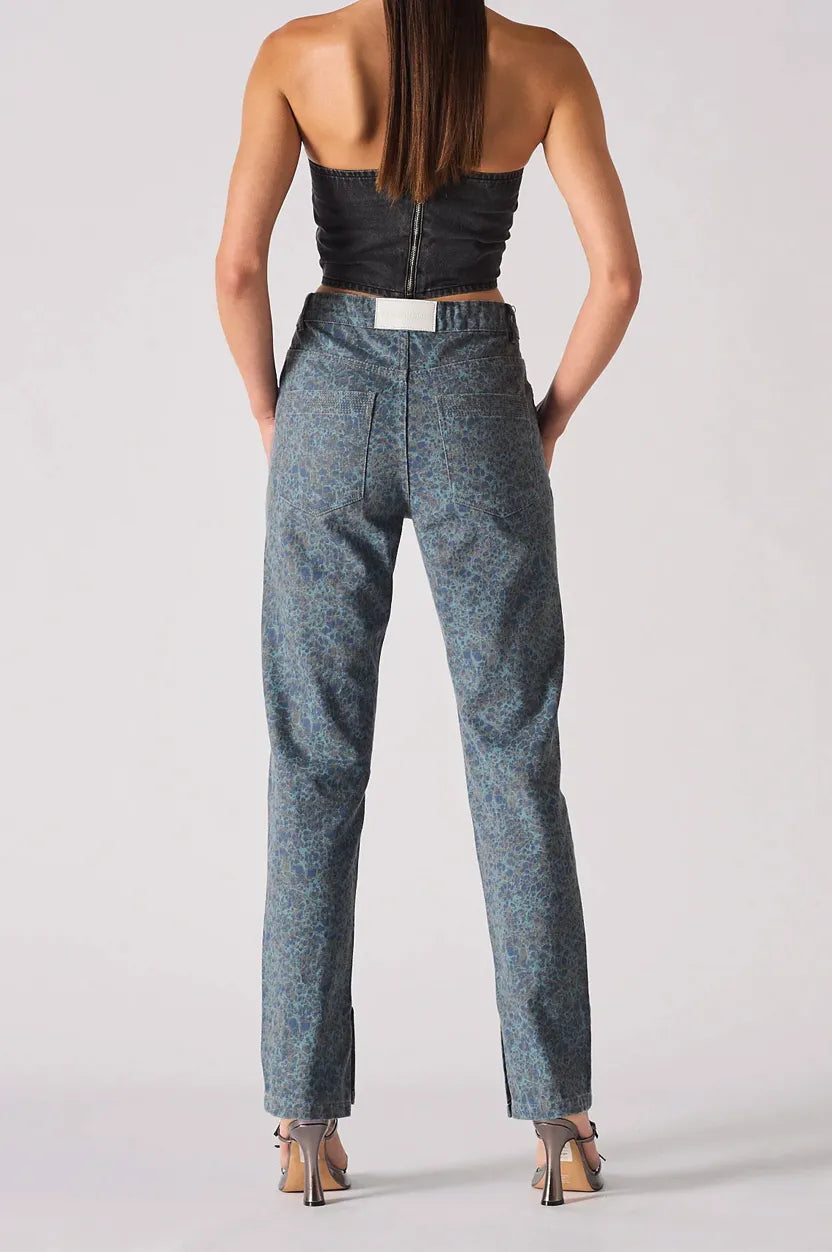 Full back view of black wash corset top with center zipper - women's distressed denim bustier showing back pockets detail on cargo pants