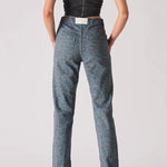 Full back view of black wash corset top with center zipper - women's distressed denim bustier showing back pockets detail on cargo pants