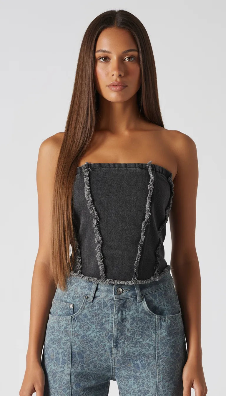 Close up of black distressed corset top showing frayed edge detailing and strapless design - women's textured denim bustier top