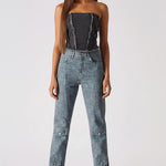 Front view of black wash distressed corset top with raw hem detail - women's strapless textured denim bustier with cargo pants